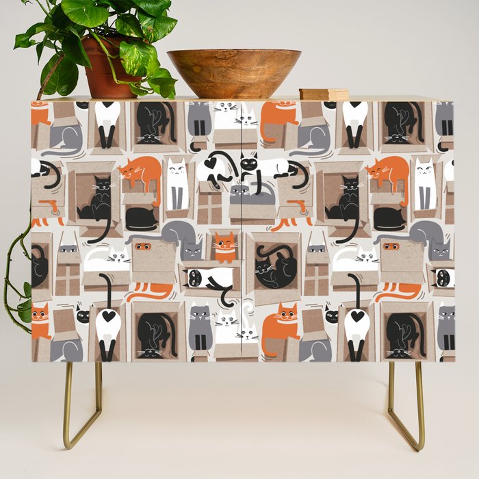 Purfect feline architecture // beige background cute cats in cardboard boxes Credenza Gallery Image 1