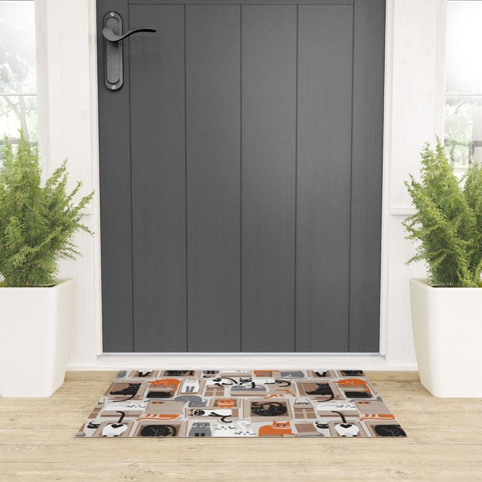 Purfect feline architecture // beige background cute cats in cardboard boxes Welcome Mat Gallery Image 3
