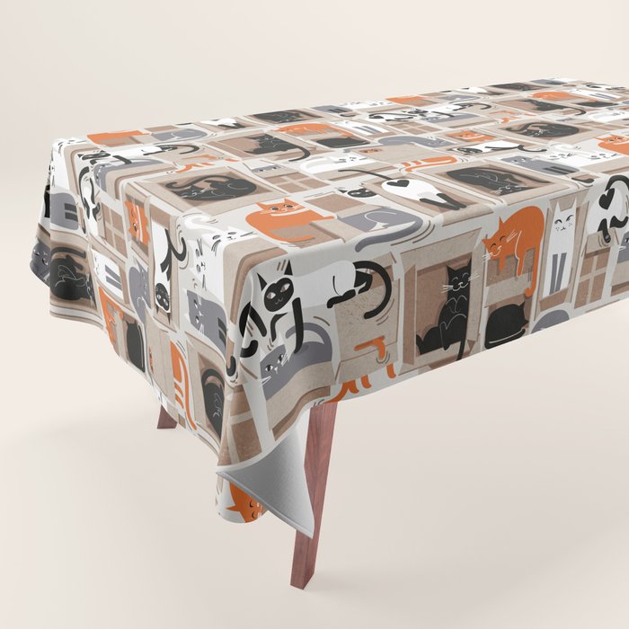 Purfect feline architecture // beige background cute cats in cardboard boxes Tablecloth Gallery Image 1