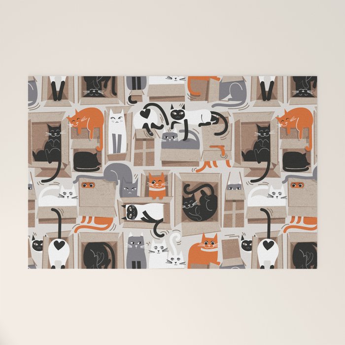 Purfect feline architecture // beige background cute cats in cardboard boxes Welcome Mat Gallery Image 1