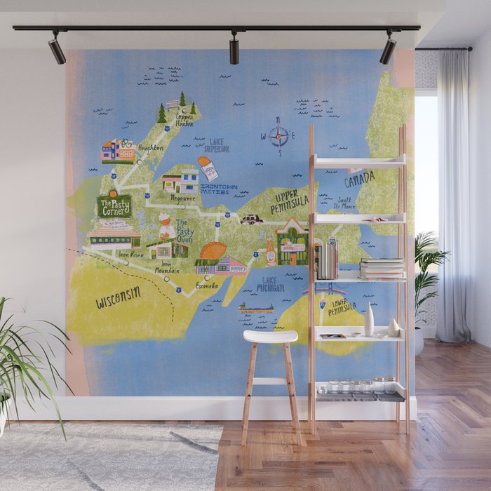 Map of Northern Michigan - Pasty Tour in Peach Wall Mural Gallery Image 1