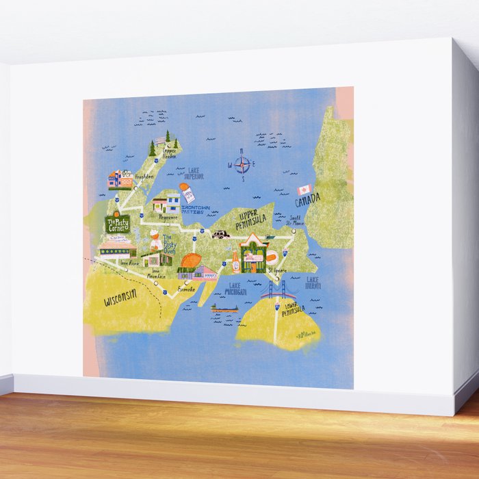 Map of Northern Michigan - Pasty Tour in Peach Wall Mural Gallery Image 2