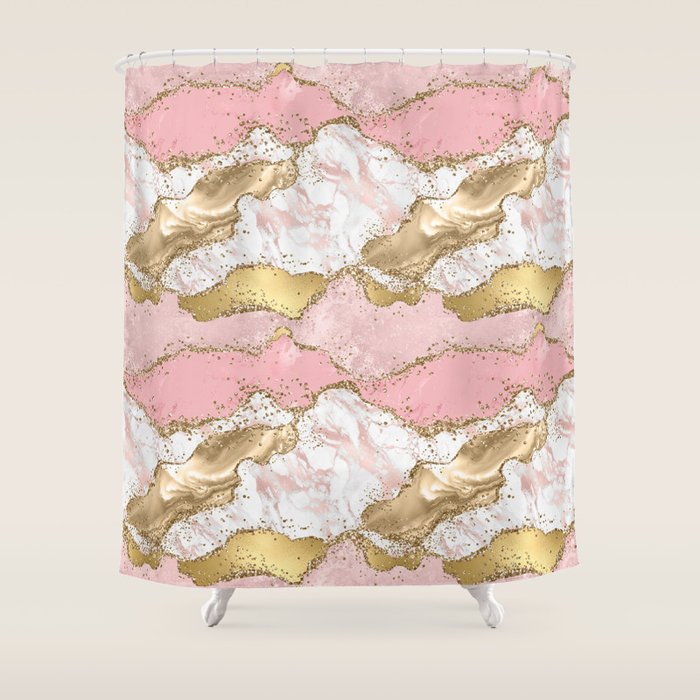 Pink Gold Glitter Agate Pretty Girly Shower Curtain Gallery Image 1