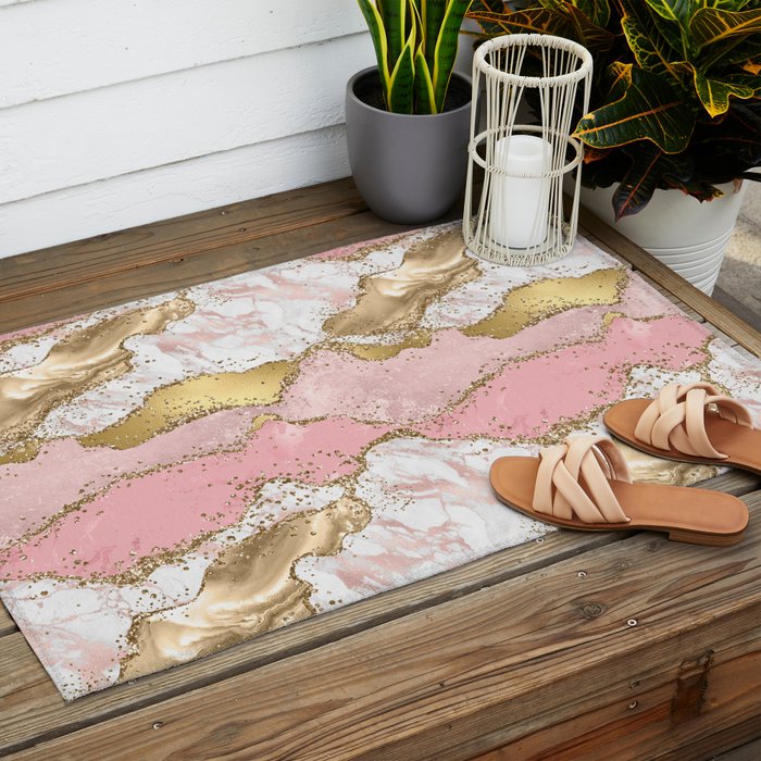 Pink Gold Glitter Agate Pretty Girly Outdoor Rug Gallery Image 2