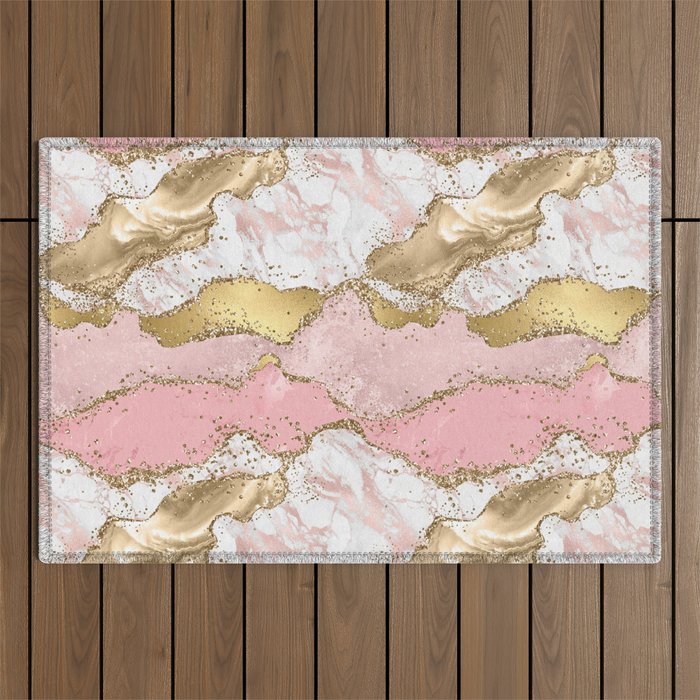 Pink Gold Glitter Agate Pretty Girly Outdoor Rug Gallery Image 1
