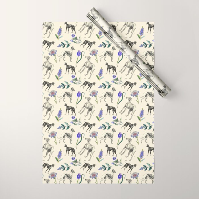 GREYHOUND DOGS and PRESSED FLOWERS Wrapping Paper Gallery Image 1