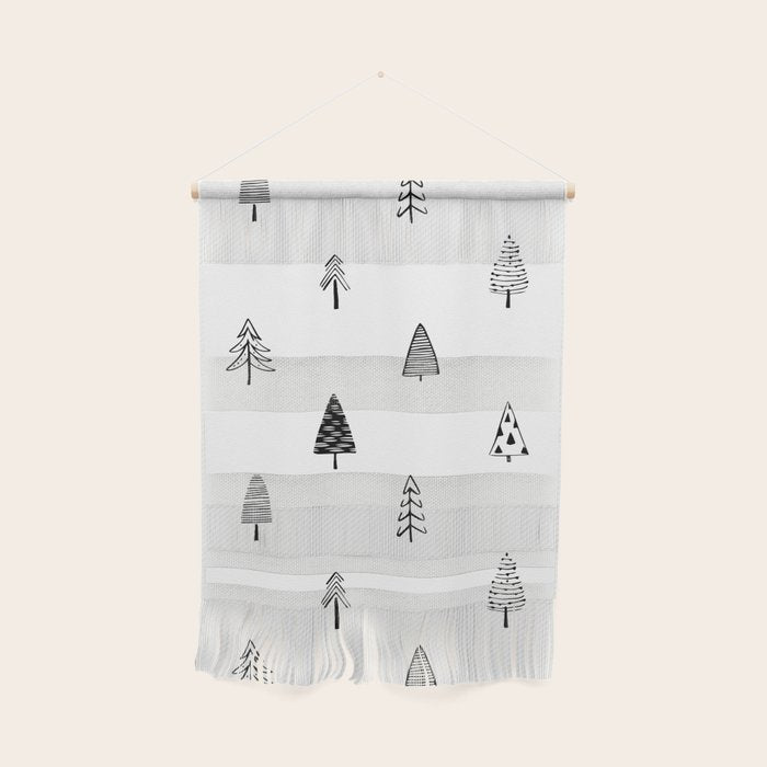 Black and white pine tree doodle art pattern Wall Hanging Gallery Image 1