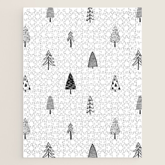 Black and white pine tree doodle art pattern Jigsaw Puzzle Gallery Image 1