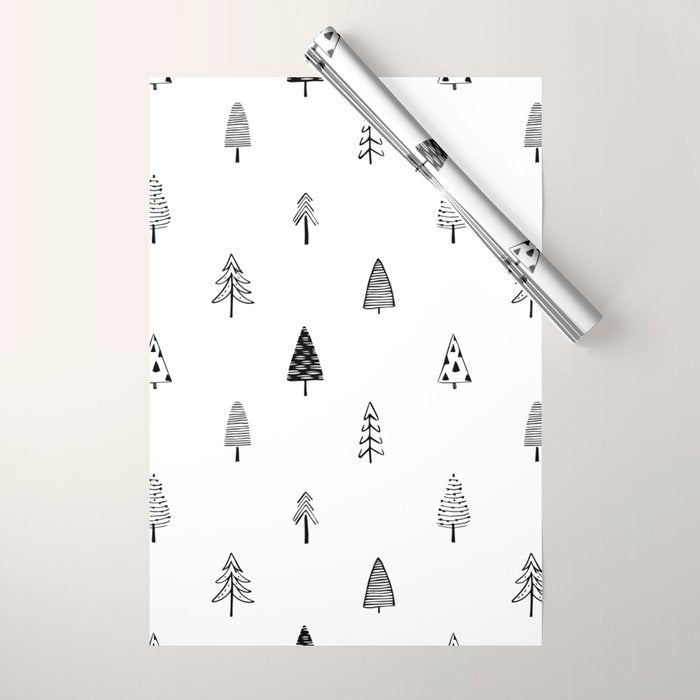 Black and white pine tree doodle art pattern Wrapping Paper Gallery Image 1