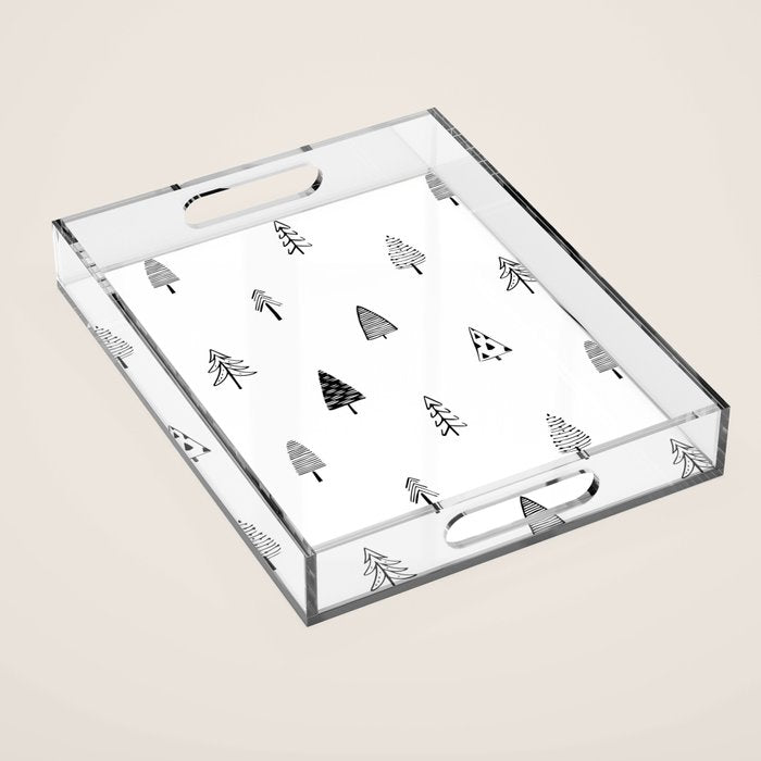 Black and white pine tree doodle art pattern Acrylic Tray Gallery Image 1