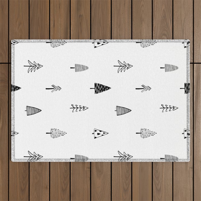 Black and white pine tree doodle art pattern Outdoor Rug Gallery Image 1