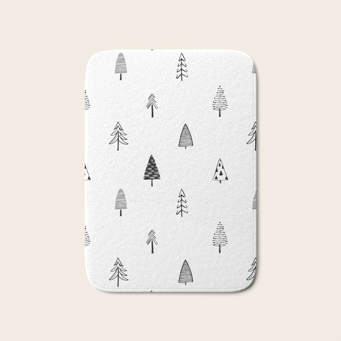 Black and white pine tree doodle art pattern Bath Mat Gallery Image 1