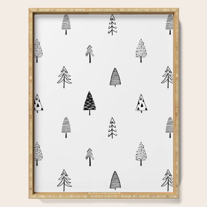 Black and white pine tree doodle art pattern Serving Tray Gallery Image 1