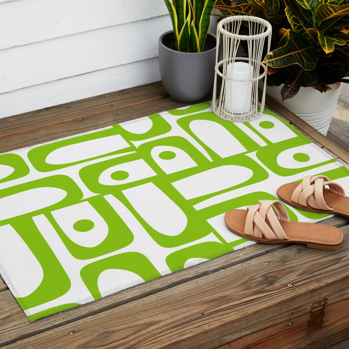 Mid Century Modern Abstract Piquet Multi Pattern in Lime Green and White Outdoor Rug Gallery Image 2