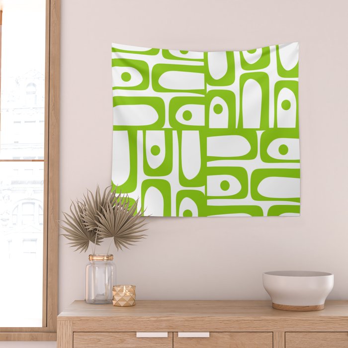 Mid Century Modern Abstract Piquet Multi Pattern in Lime Green and White Wall Tapestry Gallery Image 2