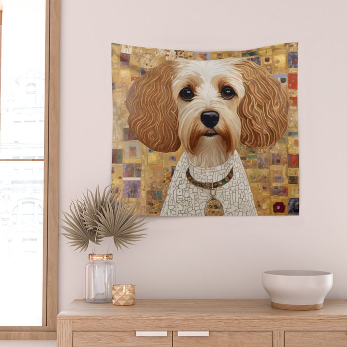 Klimt Dog with Colorful Geometric Background  Wall Tapestry Gallery Image 2