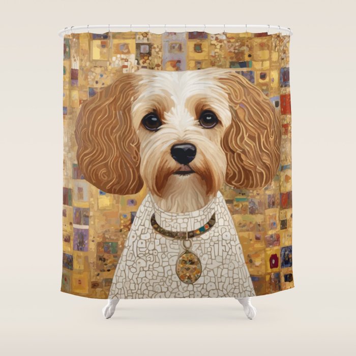 Klimt Dog with Colorful Geometric Background  Shower Curtain Gallery Image 1