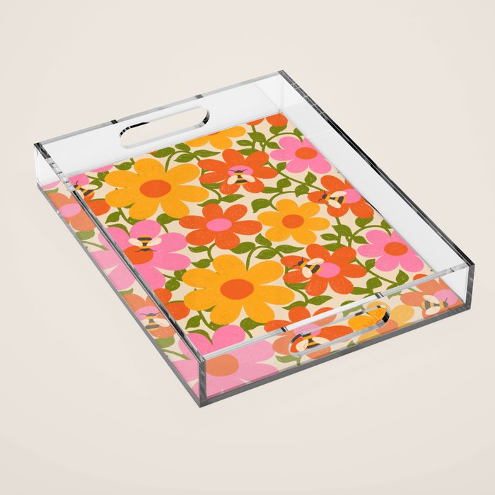 Bright Flowers and Bees Yellow Pink Orange Green Floral Acrylic Tray Gallery Image 1