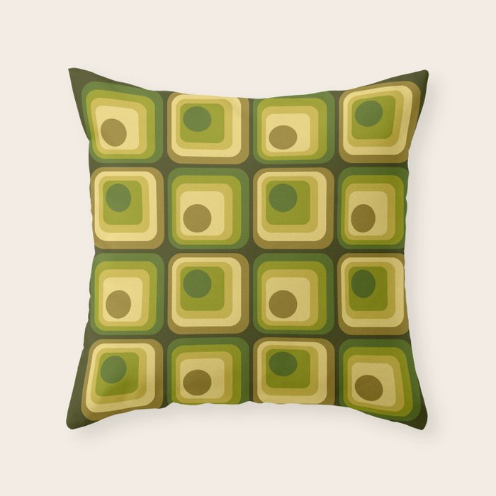 Retro 1970s Style Geometric Pattern in Gold Yellow and Avocado Green. Throw Pillow Gallery Image 6