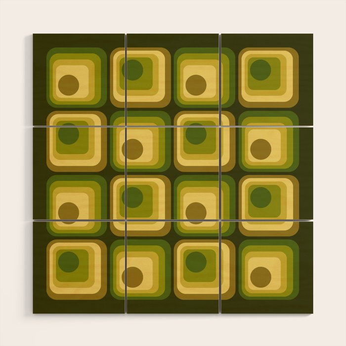 Retro 1970s Style Geometric Pattern in Gold Yellow and Avocado Green. Wood Wall Art Gallery Image 1