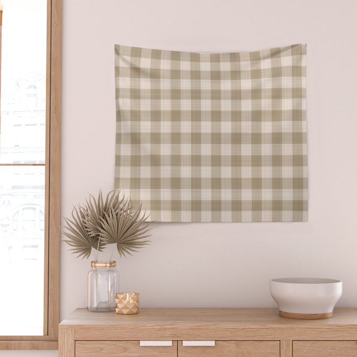 Traditional Beige Gingham Pattern Cabincore Style  Wall Tapestry Gallery Image 2