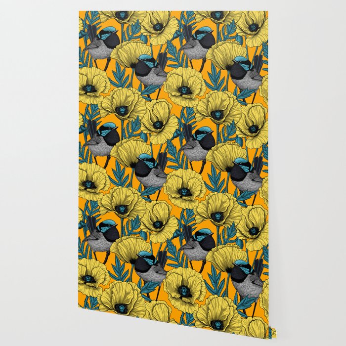 Fairy wren and poppies in yellow Wallpaper Gallery Image 2