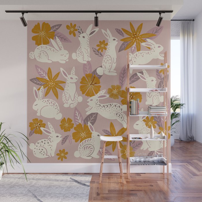Bunnies & Blooms - Mauve & Ochre Palette Wall Mural Gallery Image 1