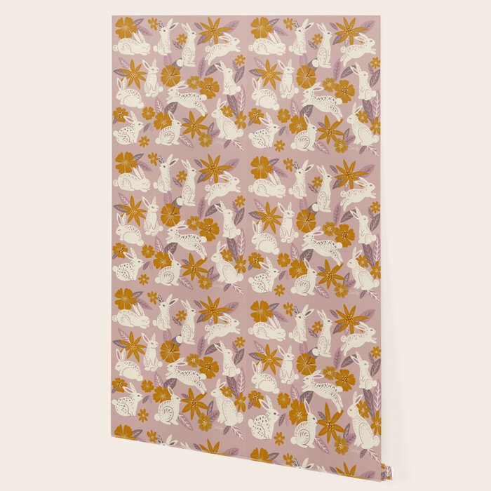 Bunnies & Blooms - Mauve & Ochre Palette Wallpaper Gallery Image 2