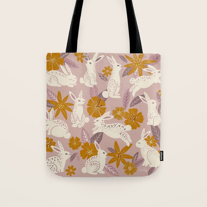 Bunnies & Blooms - Mauve & Ochre Palette Tote Bag Gallery Image 1