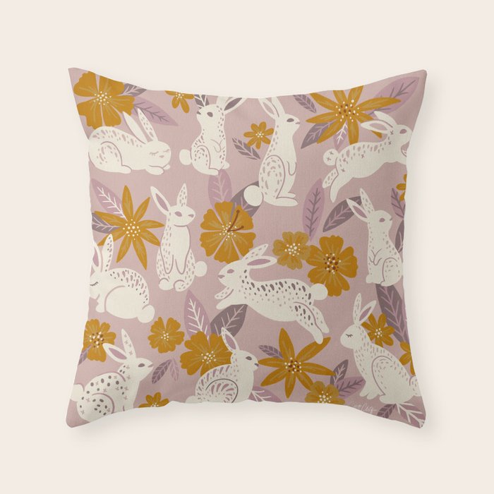 Bunnies & Blooms - Mauve & Ochre Palette Throw Pillow Gallery Image 6