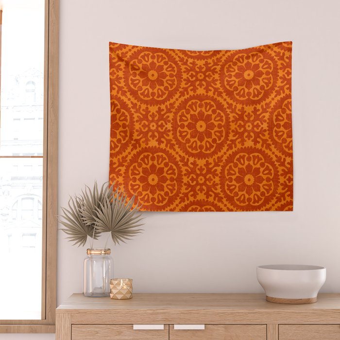 Folk Art Mandala - orange and red Wall Tapestry Gallery Image 2