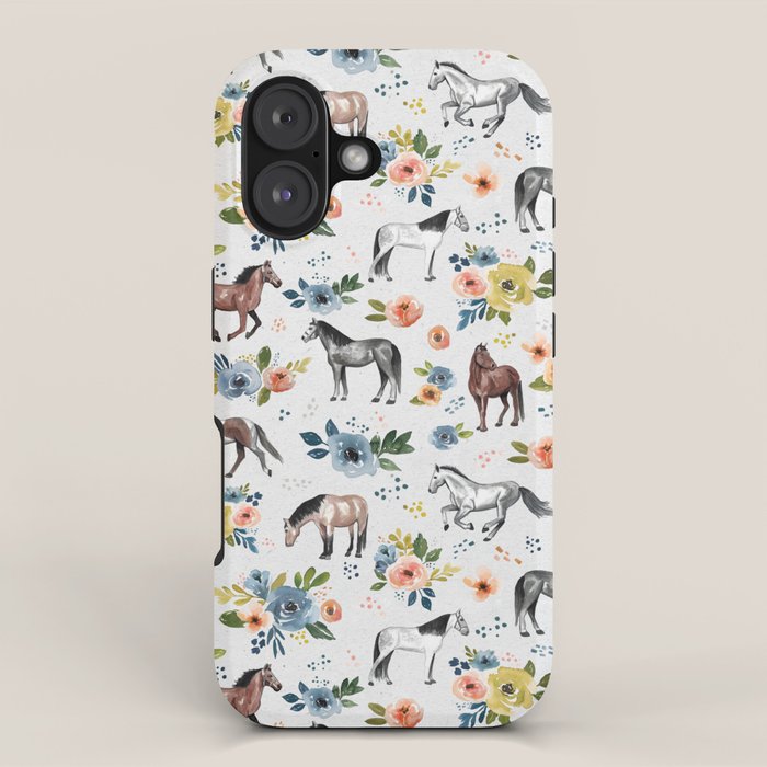 Horses and Flowers, Floral Horses, Western, Horse Art, Horse Decor, Gray iPhone Case Gallery Image 1
