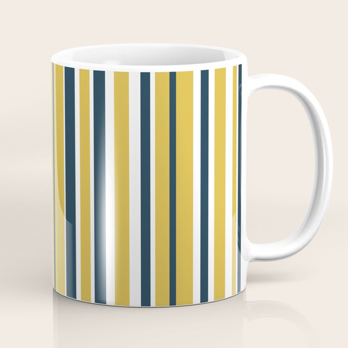 Vertical Stripes in Navy Blue, Mustard Yellow, and White Coffee Mug Gallery Image 1