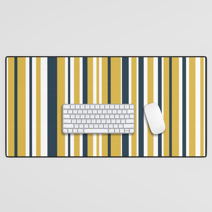 Vertical Stripes in Navy Blue, Mustard Yellow, and White Desk Mat Gallery Image 1
