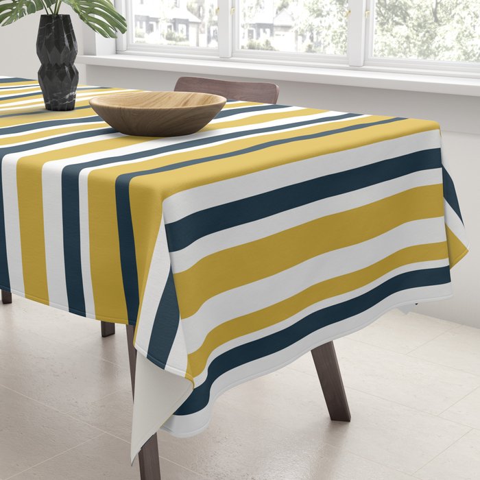 Vertical Stripes in Navy Blue, Mustard Yellow, and White Tablecloth Gallery Image 3