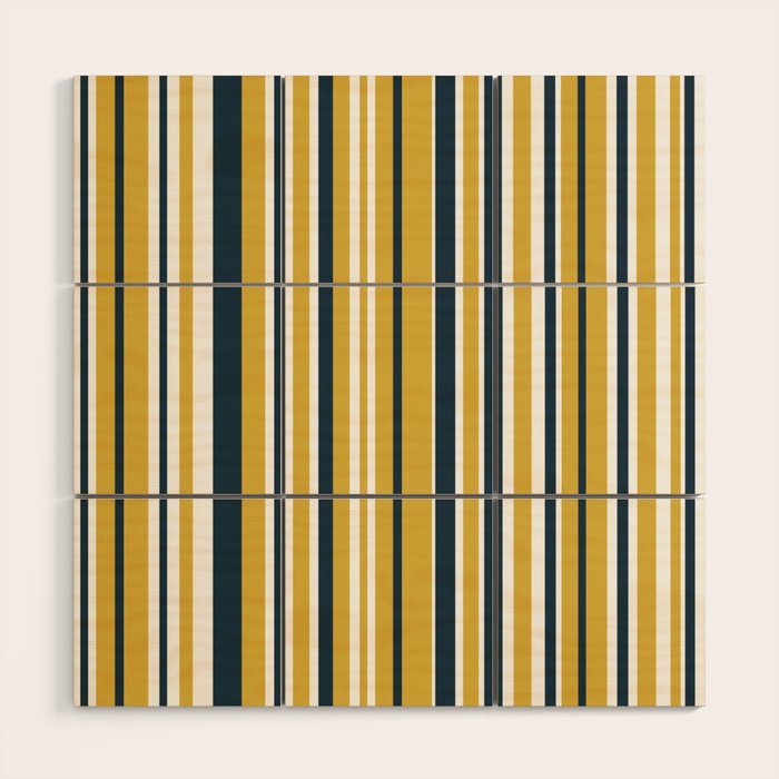 Vertical Stripes in Navy Blue, Mustard Yellow, and White Wood Wall Art Gallery Image 1
