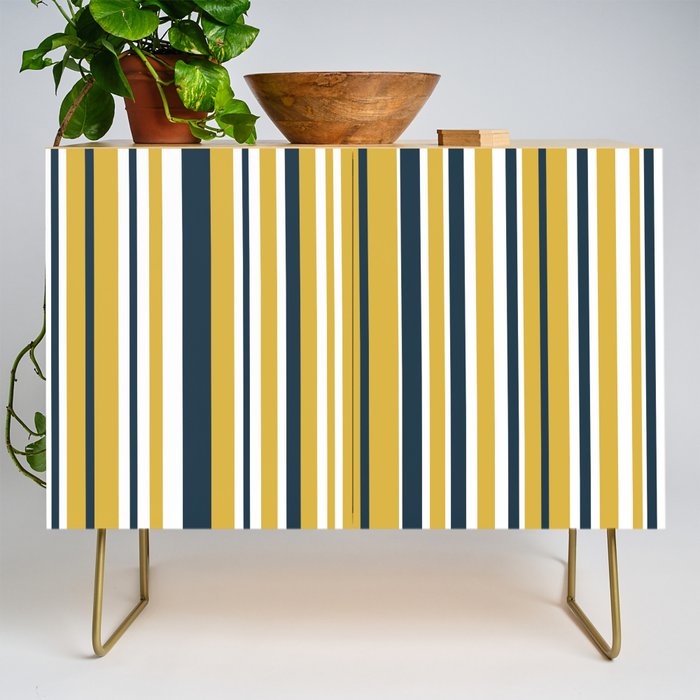 Vertical Stripes in Navy Blue, Mustard Yellow, and White Credenza Gallery Image 1
