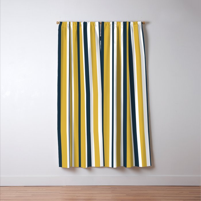 Vertical Stripes in Navy Blue, Mustard Yellow, and White Window Curtain Gallery Image 3