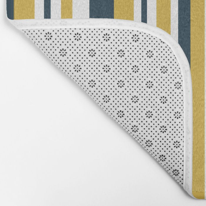 Vertical Stripes in Navy Blue, Mustard Yellow, and White Bath Mat Gallery Image 2
