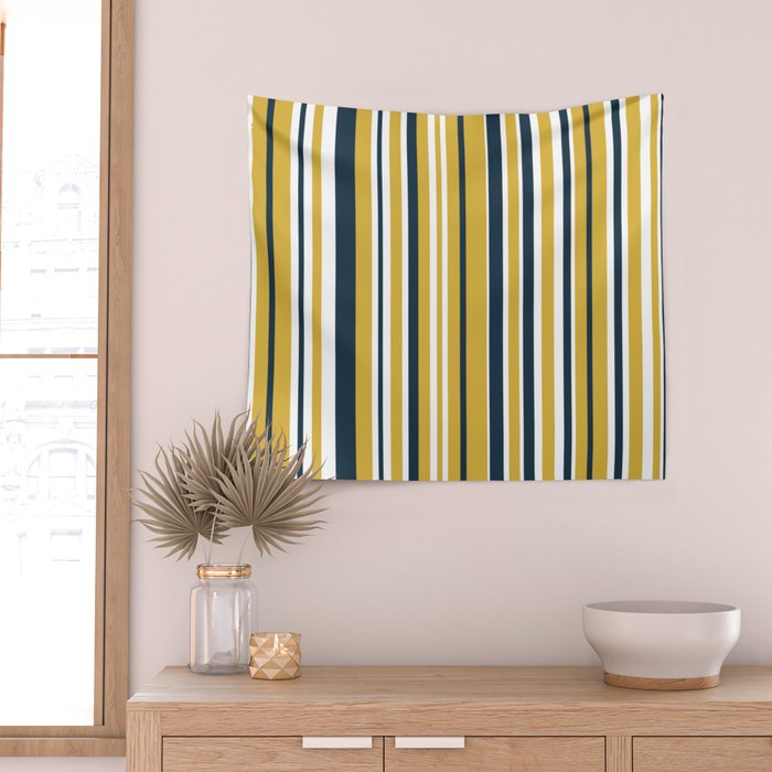 Vertical Stripes in Navy Blue, Mustard Yellow, and White Wall Tapestry Gallery Image 2