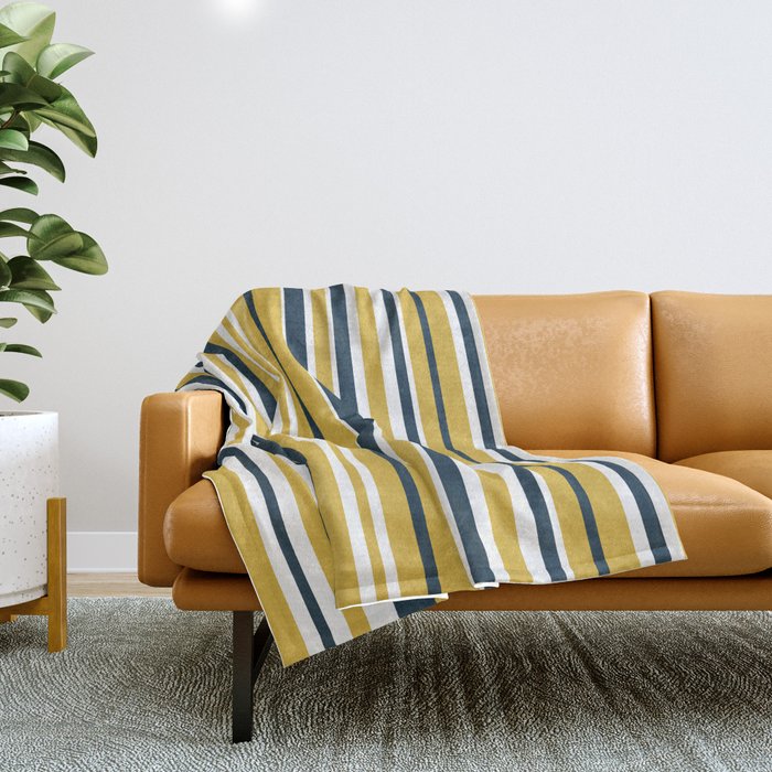 Vertical Stripes in Navy Blue, Mustard Yellow, and White Throw Blanket Gallery Image 1