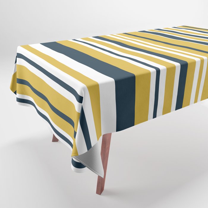 Vertical Stripes in Navy Blue, Mustard Yellow, and White Tablecloth Gallery Image 1