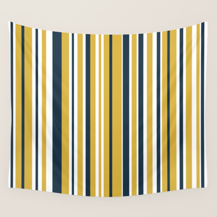 Vertical Stripes in Navy Blue, Mustard Yellow, and White Wall Tapestry Gallery Image 1