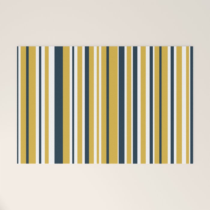 Vertical Stripes in Navy Blue, Mustard Yellow, and White Welcome Mat Gallery Image 1