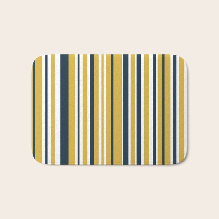 Vertical Stripes in Navy Blue, Mustard Yellow, and White Bath Mat Gallery Image 1