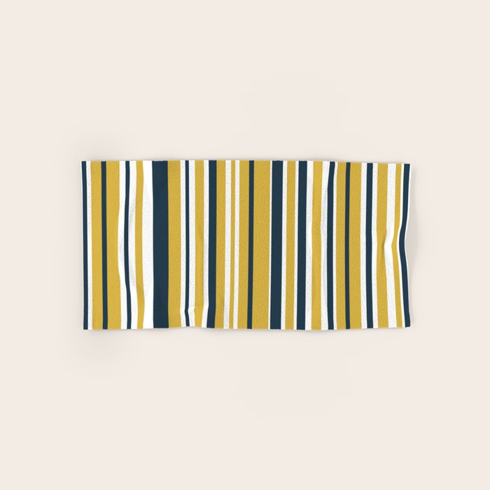 Vertical Stripes in Navy Blue, Mustard Yellow, and White Towels Gallery Image 1