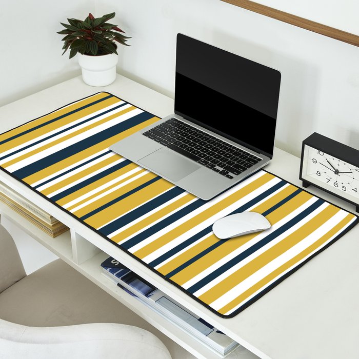 Vertical Stripes in Navy Blue, Mustard Yellow, and White Desk Mat Gallery Image 2