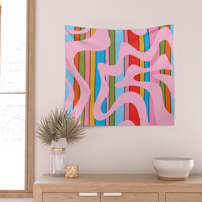 Stripey Swirl Colorful Pop Pattern with Pink  Wall Tapestry Gallery Image 2