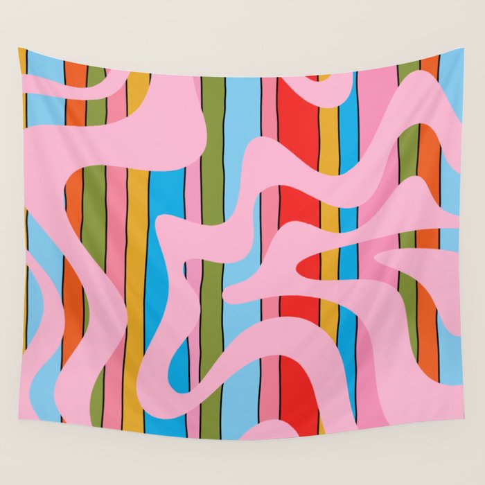 Stripey Swirl Colorful Pop Pattern with Pink  Wall Tapestry Gallery Image 4