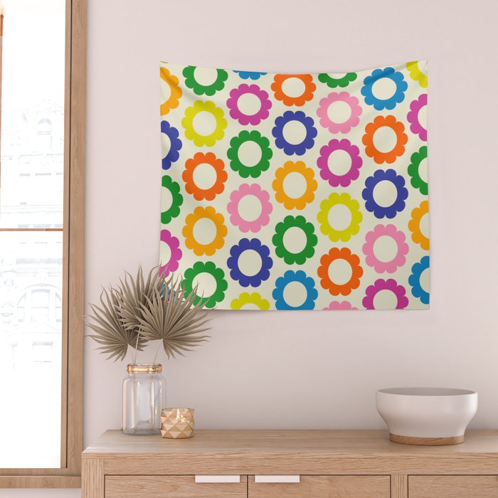 Flower Dots Cute Colorful Retro Contemporary Floral Pattern Wall Tapestry Gallery Image 2